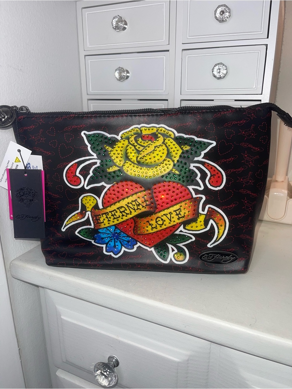 NWT Ed Hardy Black Cosmetic Pouch with Yellow Rose & Red Heart Tattoo Graphic
